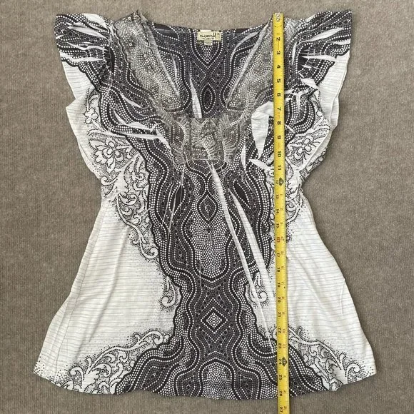 One World Shirt Womens Small Gray Black Silver Sequins Embroidered Boho Flowy - Picture 6 of 7